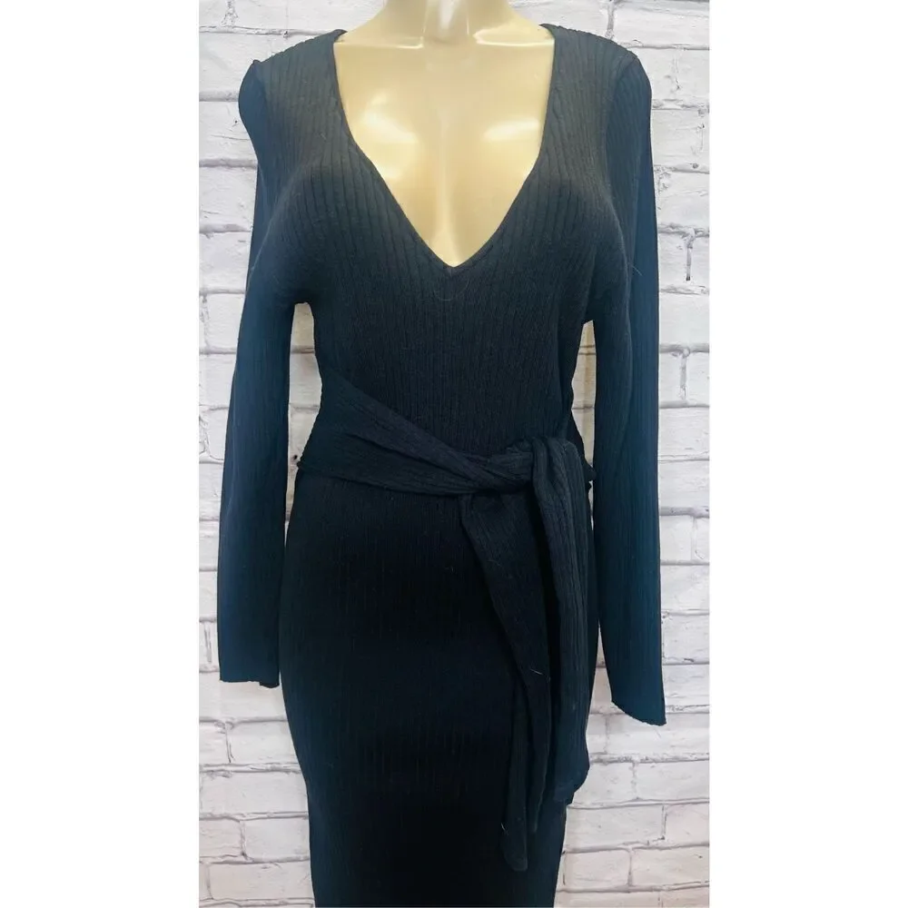 Good American Womens Black Ribbed Tie Waist Long Sleeve Sweater Dress Sz 4 NWOT